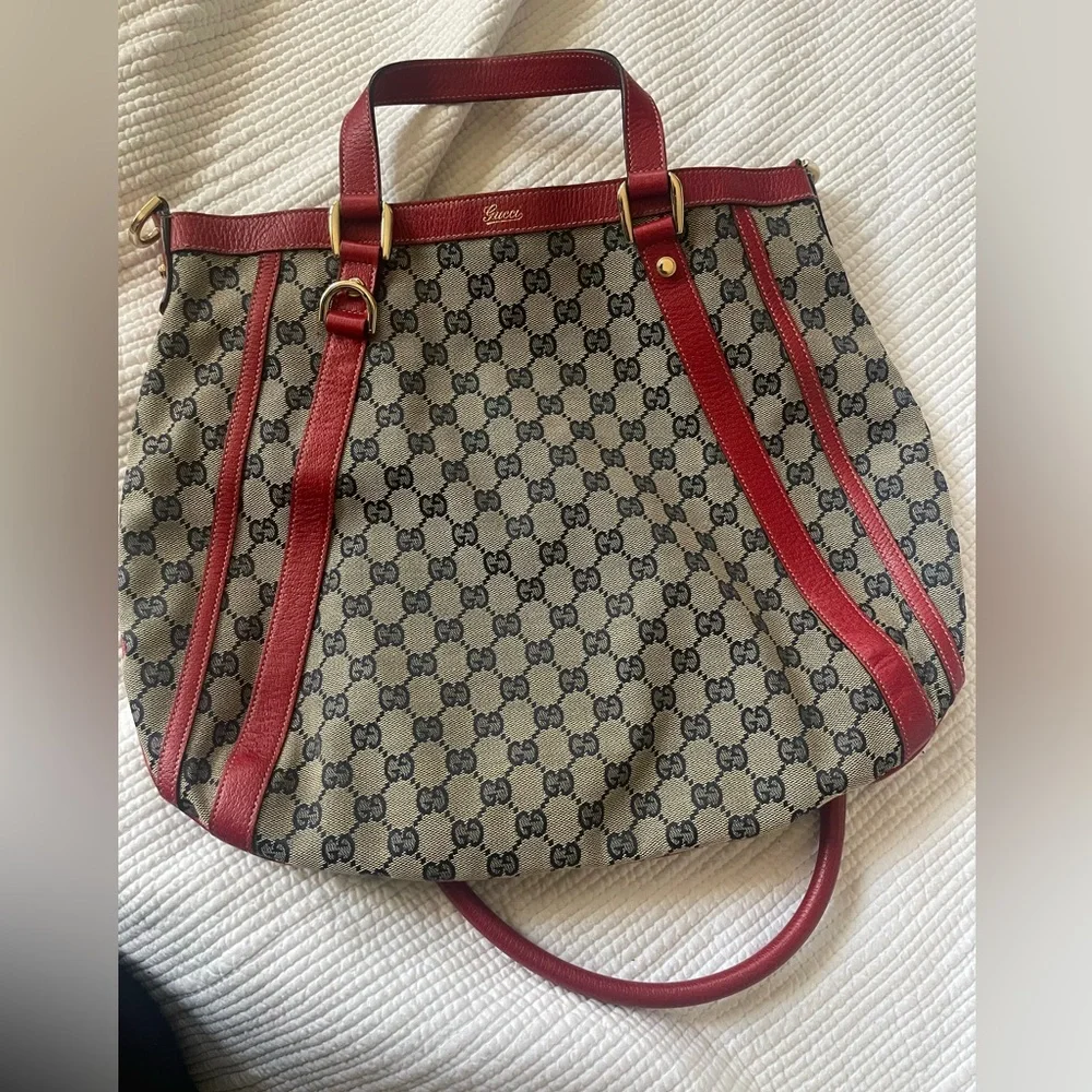 GUCCI Red & Blue GG Canvas and Leather Abbey Two Way Hobo Bag